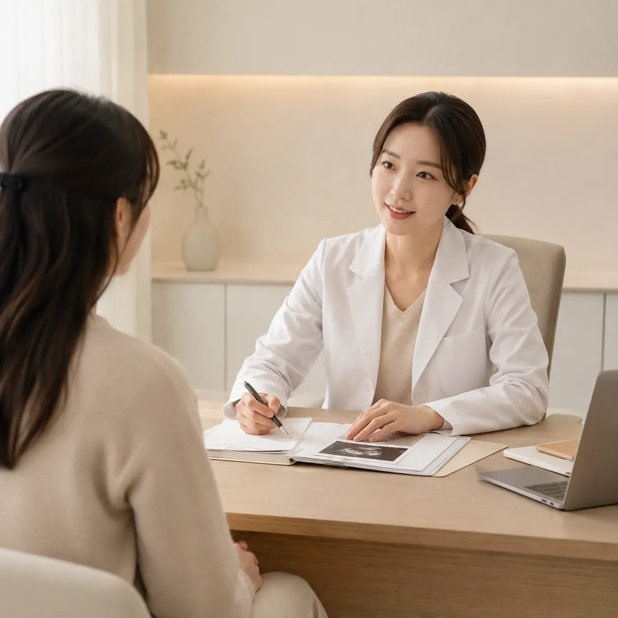 산부인과에서 임신 전 검사 항목에 대해 의료진과 상담하며 설명을 듣는 여성의 모습