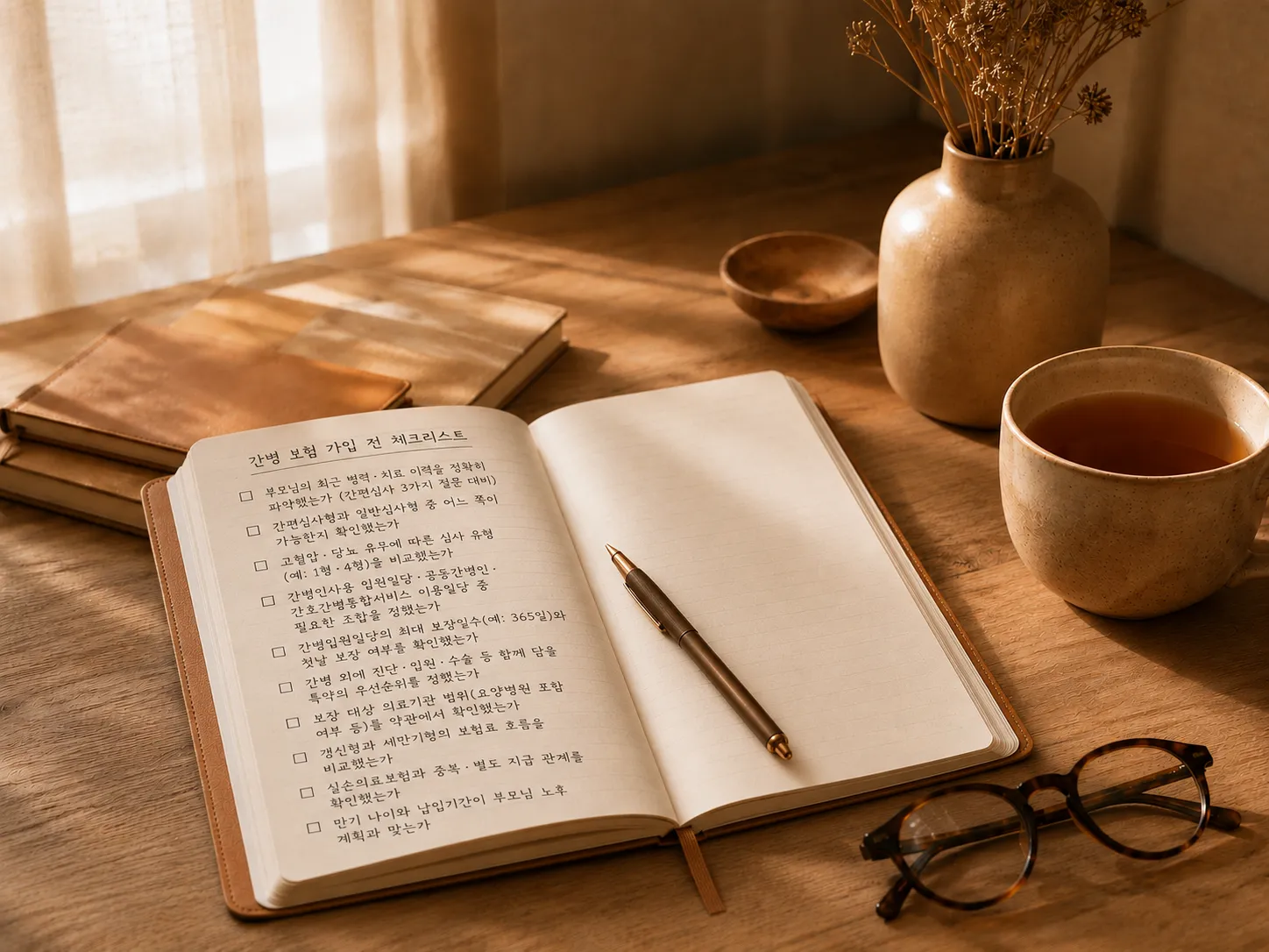 나무 책상 위 노트와 펜, 안경, 따뜻한 차가 놓여 부모님 보험을 차분히 정리하는 분위기를 담은 정물
