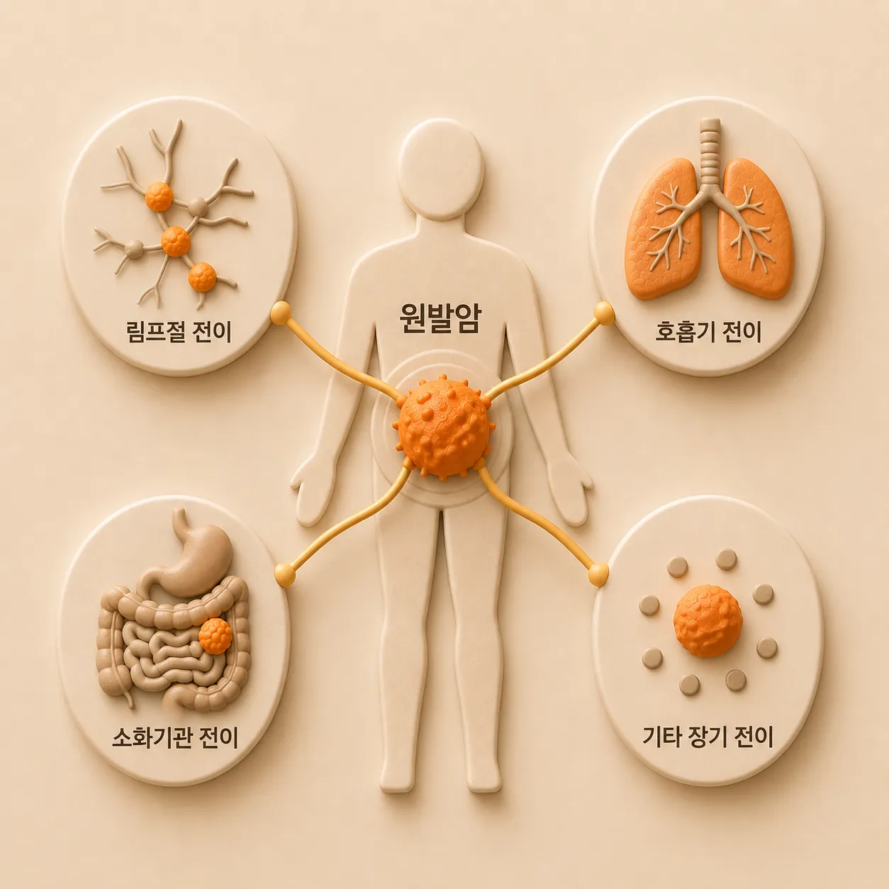 인체 실루엣 위에 원발암에서 림프절·호흡기·소화기관 등 네 부위로 이차성 악성신생물이 뻗어나가는 전이암 정의 다이어그램