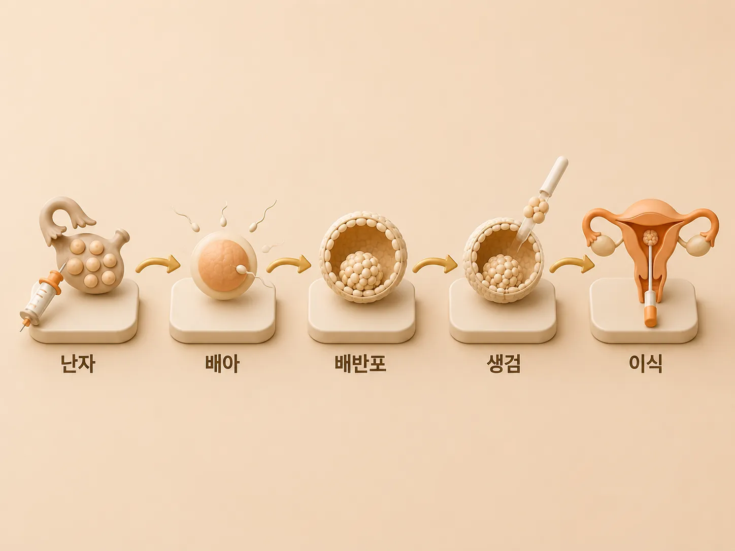 난소 자극부터 배아 생검, 냉동 보관, 정상 배아 이식까지 PGT-A 검사의 5단계 프로세스를 아이소메트릭 3D 다이어그램으로 표현한 이미지