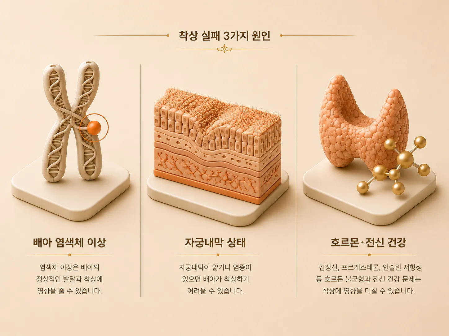 반복 착상 실패의 세 가지 원인인 배아 염색체 이상, 자궁내막 상태, 호르몬 및 전신 건강 요인을 아이소메트릭 3D 인포그래픽 세 패널로 구분해 표현한 이미지