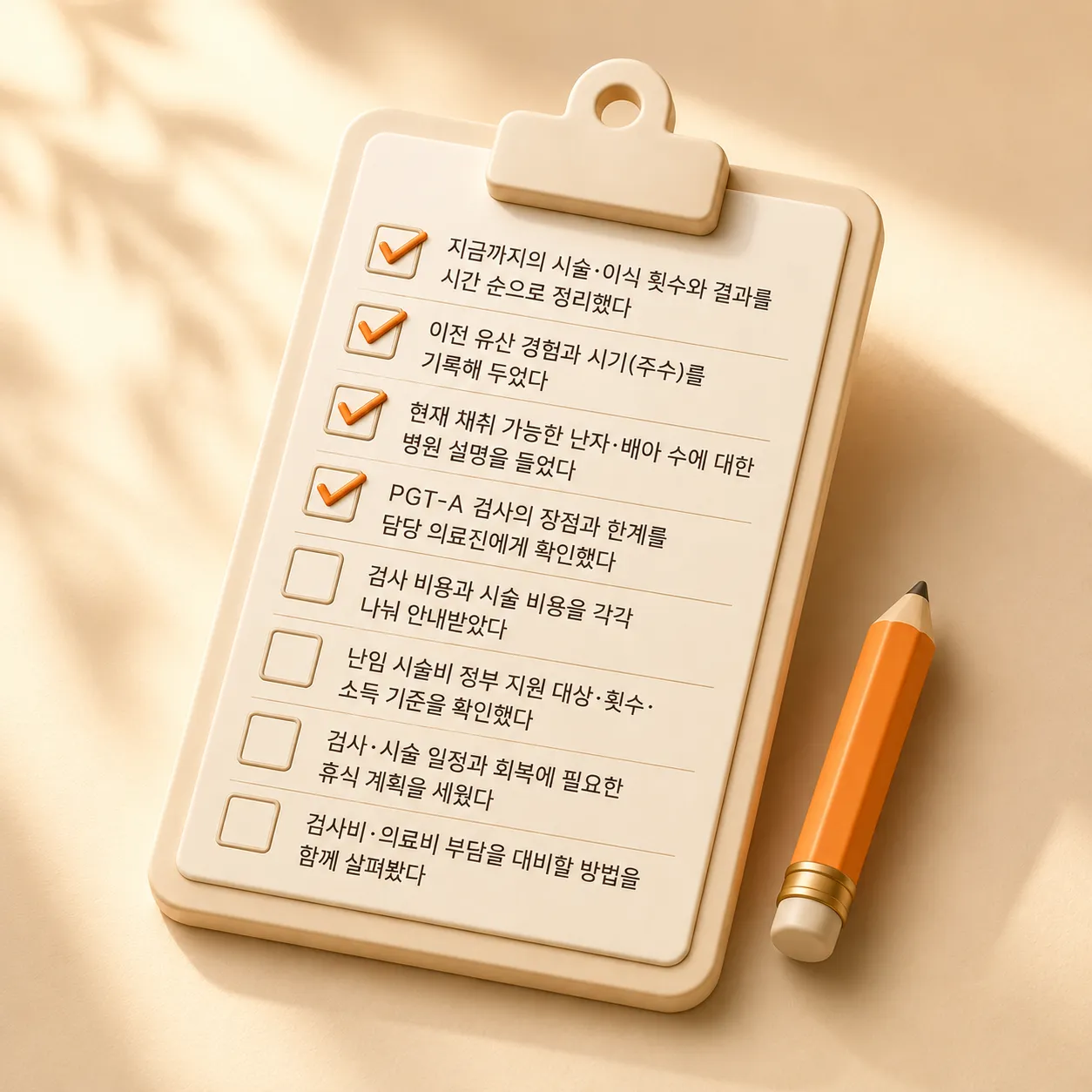 임신 준비 전 확인해야 할 8가지 체크리스트 항목을 아이소메트릭 3D 클립보드 오브젝트 위에 체크 마크로 시각화한 인포그래픽 이미지