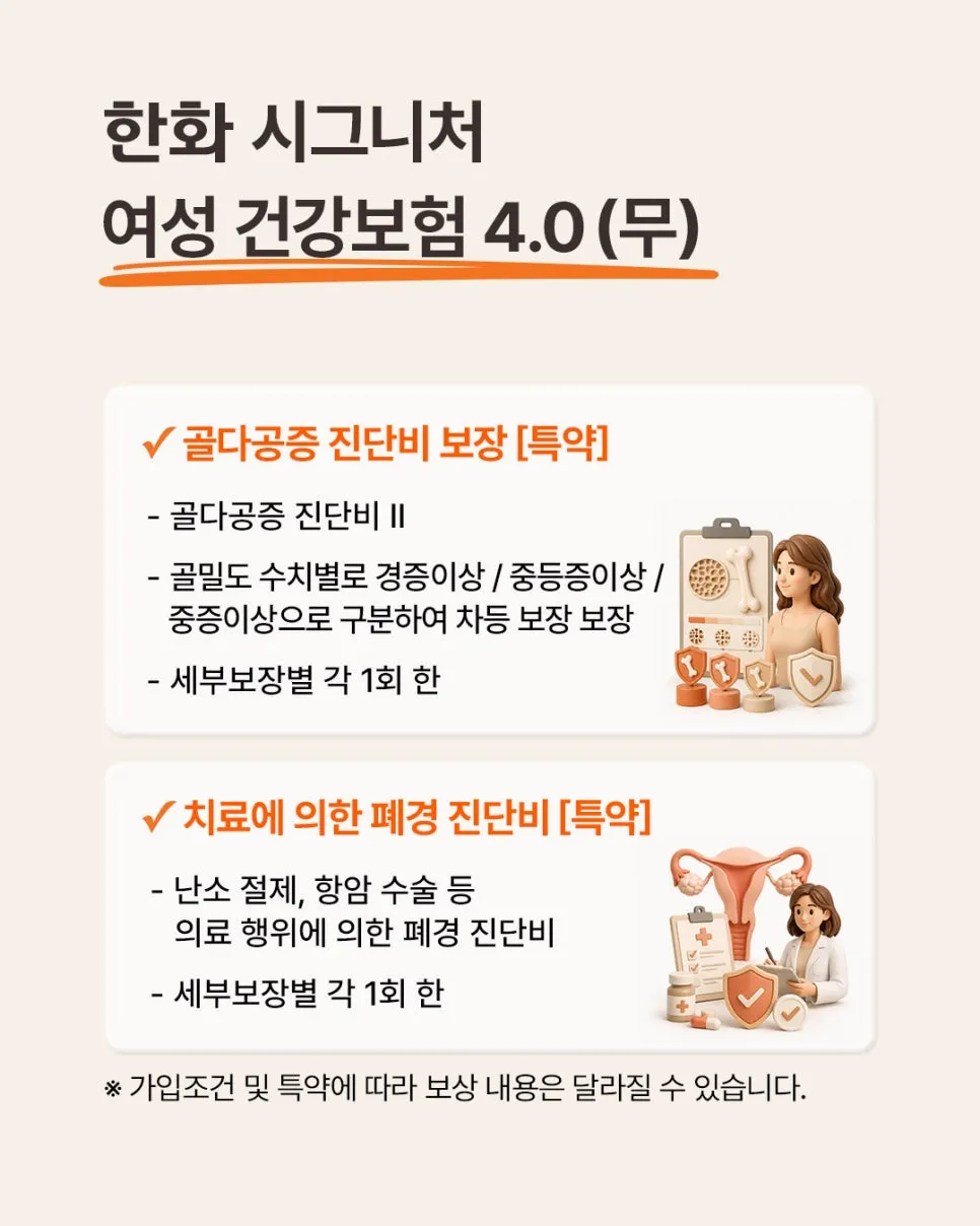 한화 시그니처 여성 건강보험4.0 골다공증진단비·치료에 의한 폐경 진단비 보장 안내
